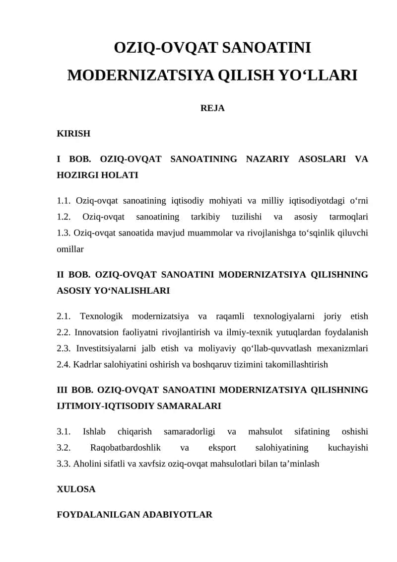 OZIQ-OVQAT SANOATINI MODERNIZATSIYA QILISH YO‘LLARI