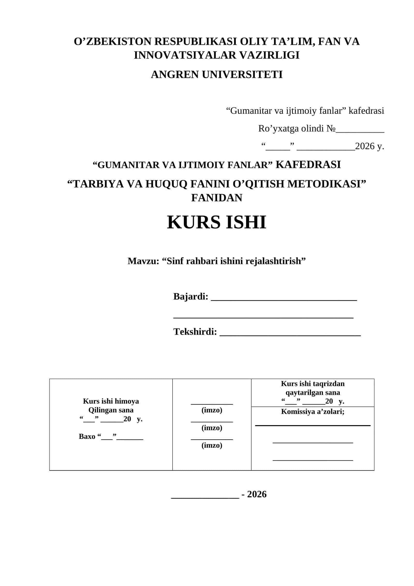 TARBIYA VA HUQUQ FANINI O’QITISH METODIKASI KURS ISHI