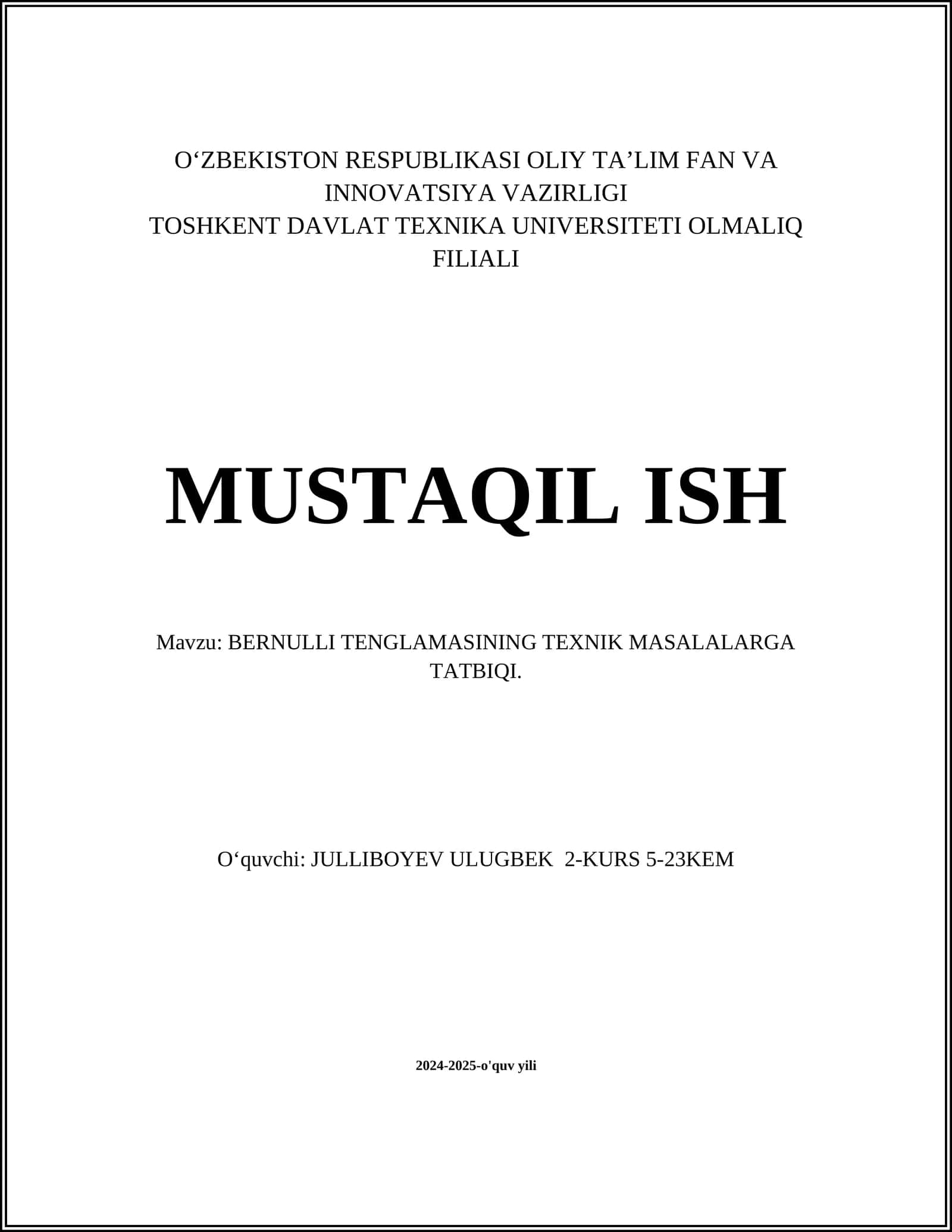 BERNULLI TENGLAMASINING TEXNIK MASALALARGA TATBIQI