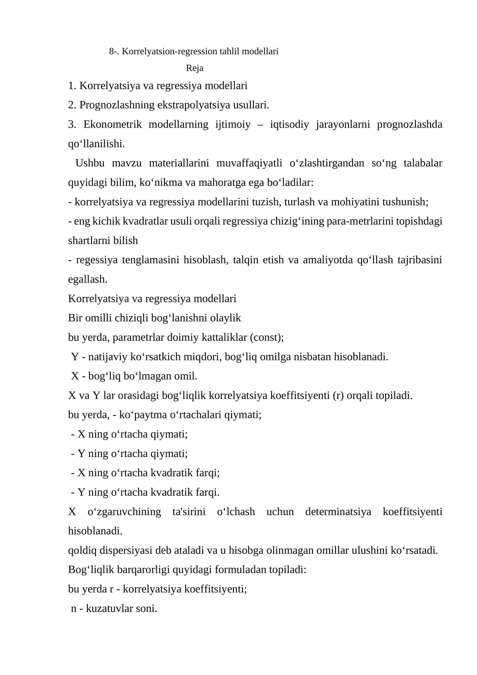 Korrelyatsion-regression tahlil modellari