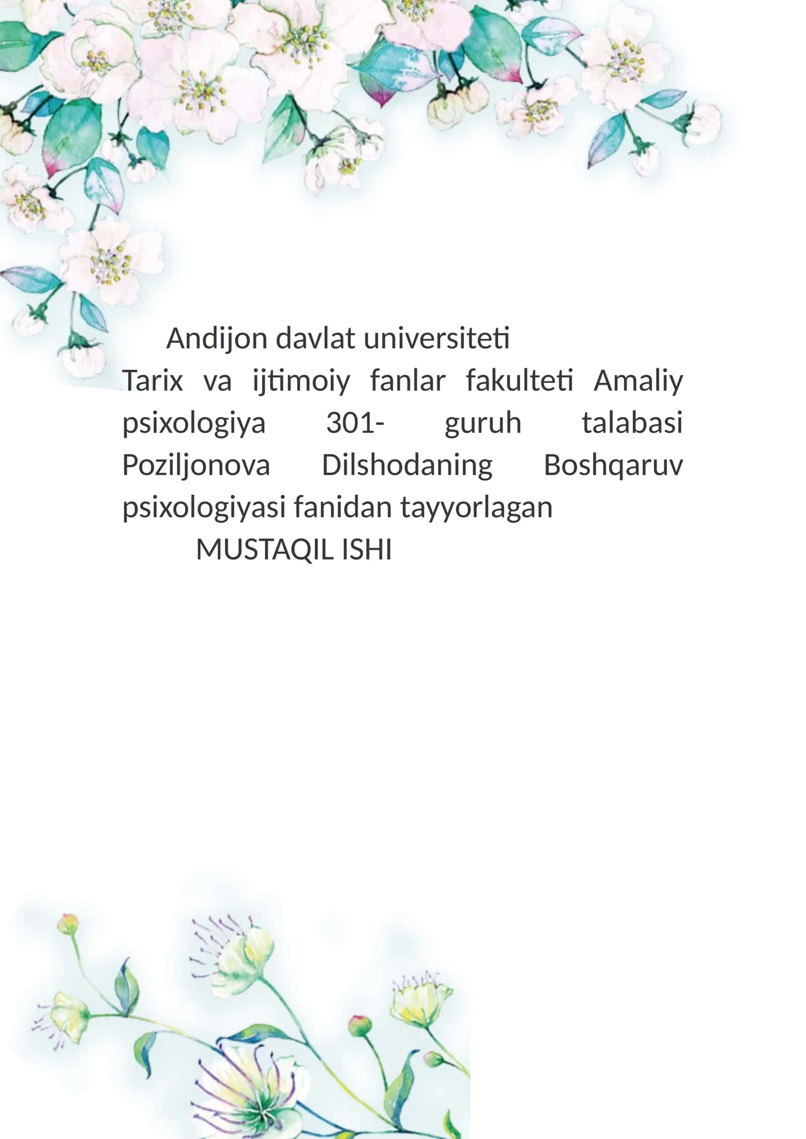 Boshqaruv psixologiyasi fanidan tayyorlagan MUSTAQIL ISHI