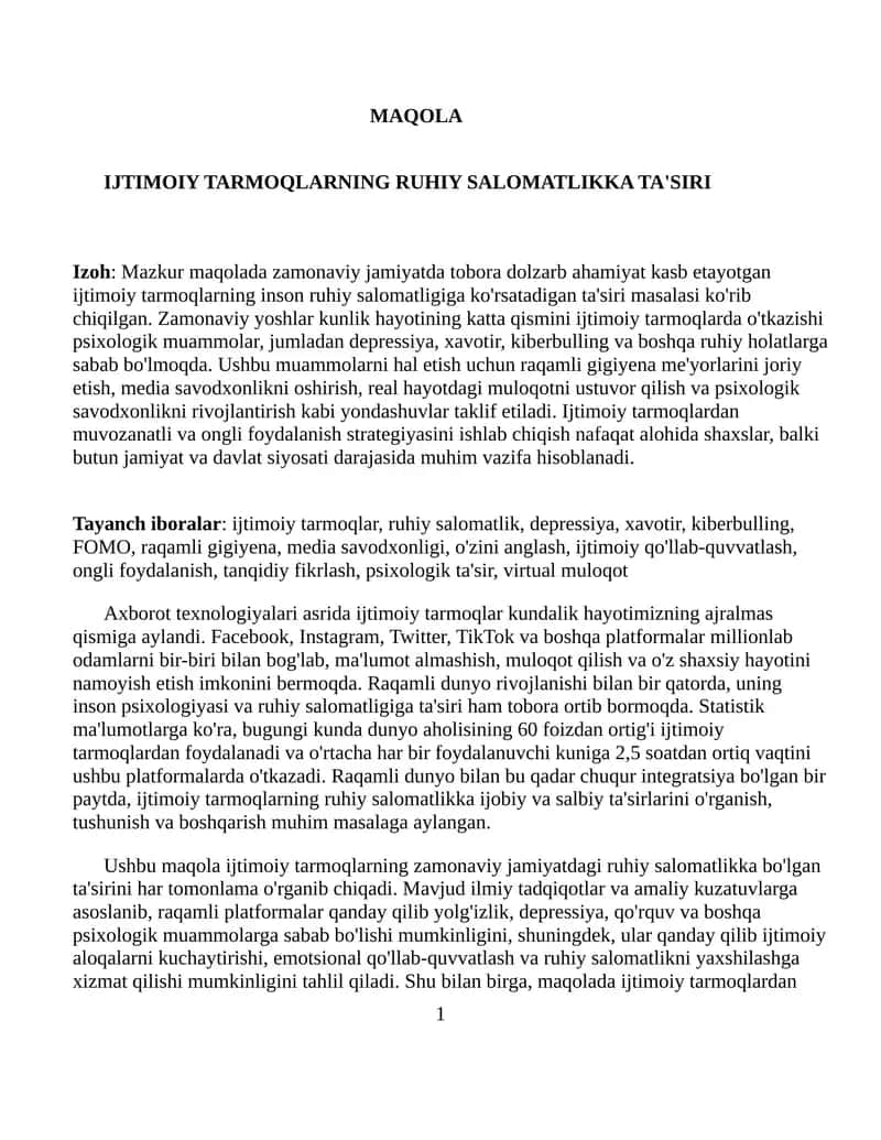 IJTIMOIY TARMOQLARNING RUHIY SALOMATLIKKA TA'SIRI