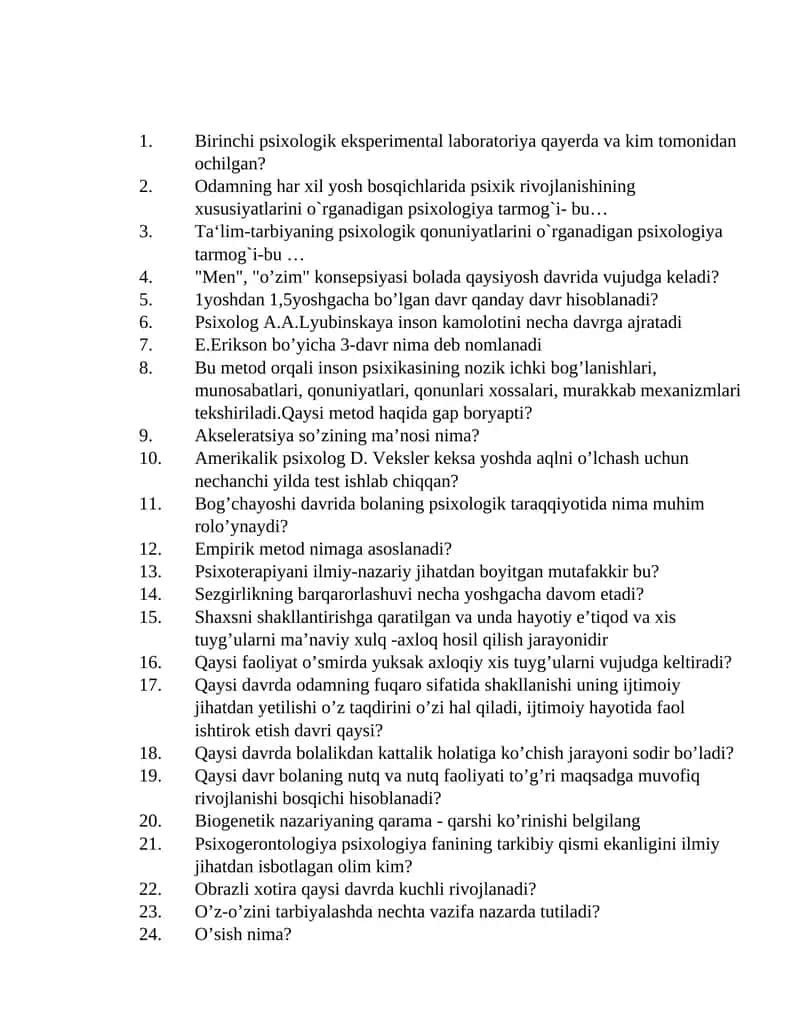 Psixologiya fanidan test savollari