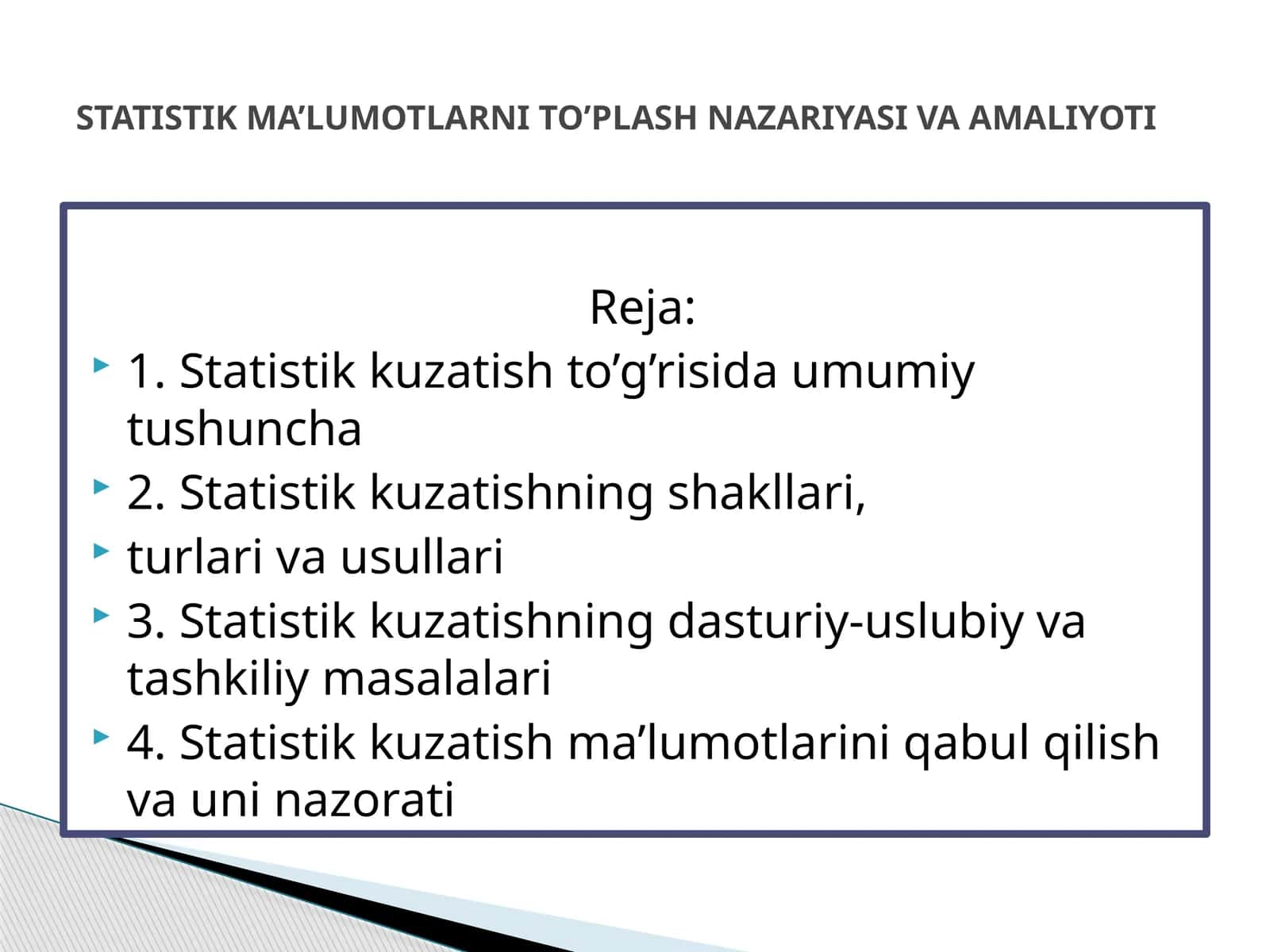 STATISTIK MA’LUMOTLARNI TO’PLASH NAZARIYASI VA AMALIYOTI