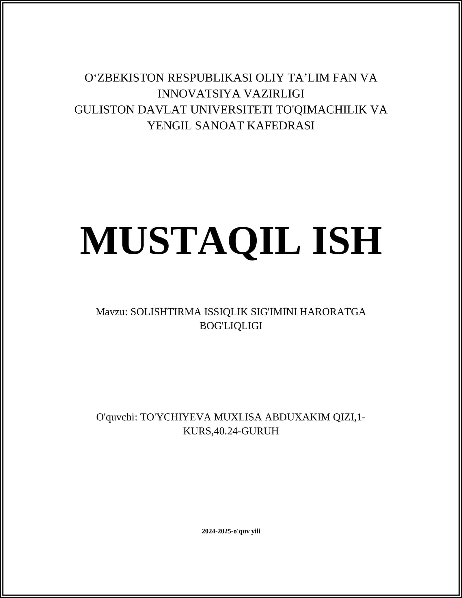 SOLISHTIRMA ISSIQLIK SIG'IMINI HARORATGA BOG'LIQLIGI