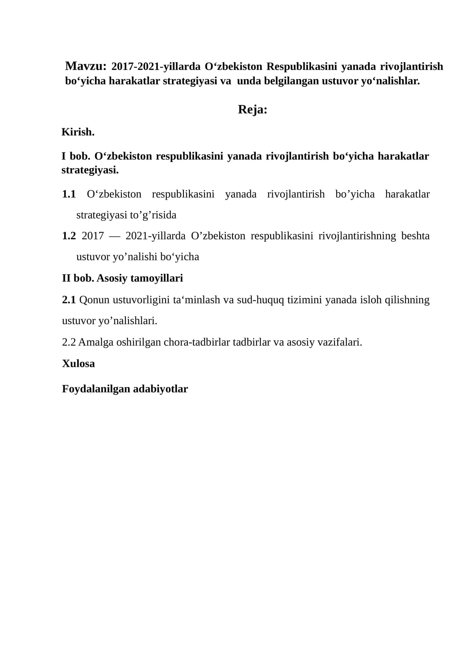 O‘zbekiston Respublikasini yanada rivojlantirish boʻyicha harakatlar strategiyasi va unda belgilangan ustuvor yoʻnalishlar