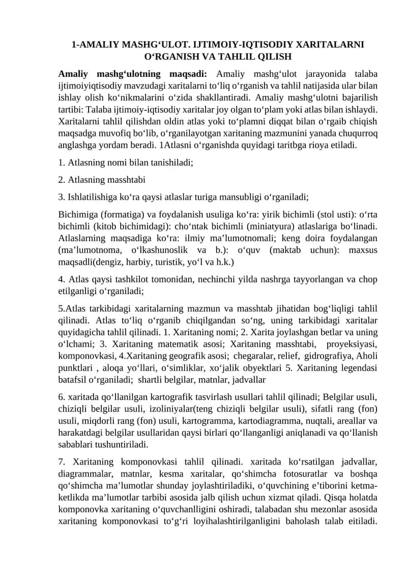AMALIY MASHG‘ULOT. IJTIMOIY-IQTISODIY XARITALARNI O‘RGANISH VA TAHLIL QILISH