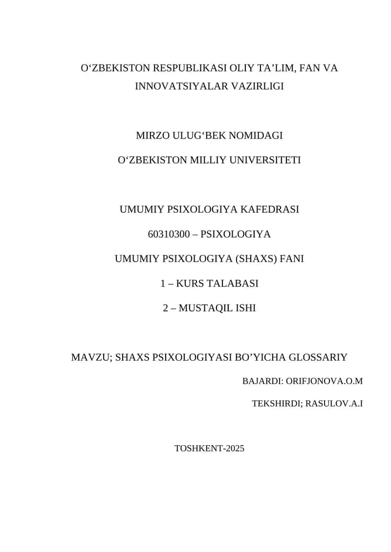 Shaxs psixologiyasi bo'yicha glossariy