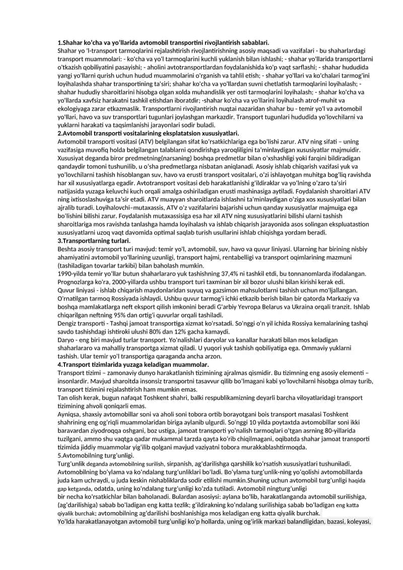Shahar ko’cha va yo’llarida avtomobil transportini rivojlantirish sabablari