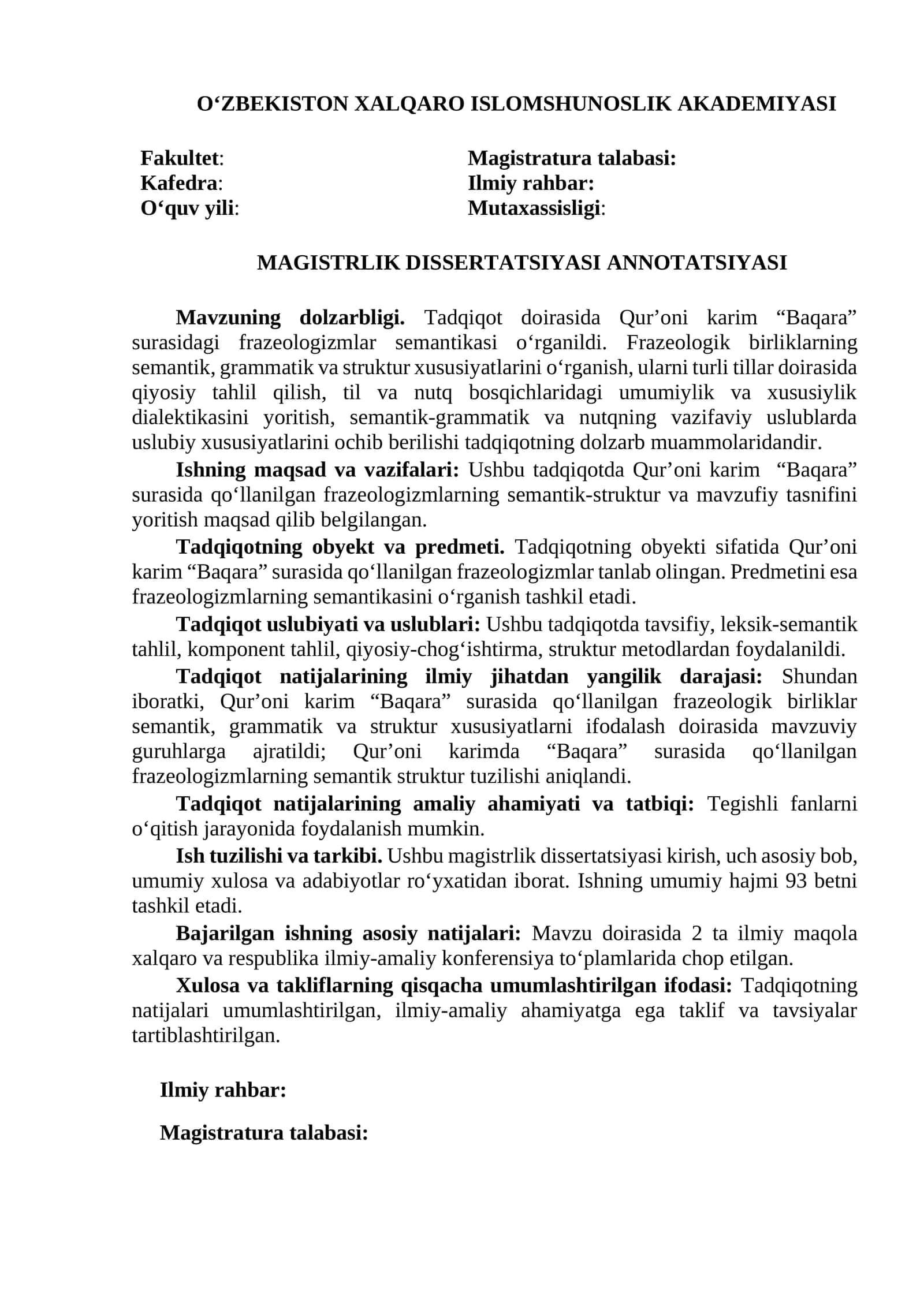 ANNOTATSIYA. DIPLOM ISHI. Qur'oni Karim “Baqara” surasida qo'llangan frazeologizmlar semantikasi