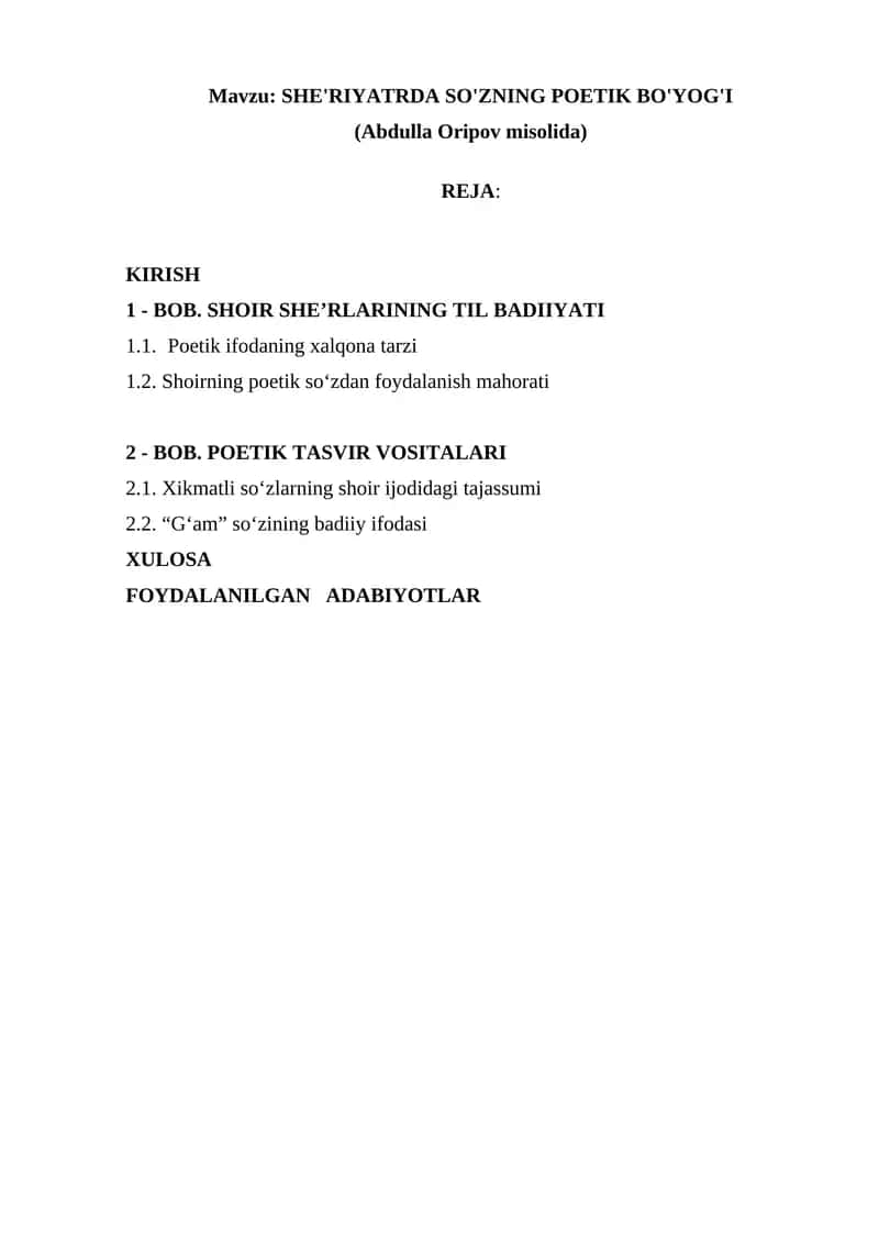 SHE'RIYATRDA SO'ZNING POETIK BO'YOG'I