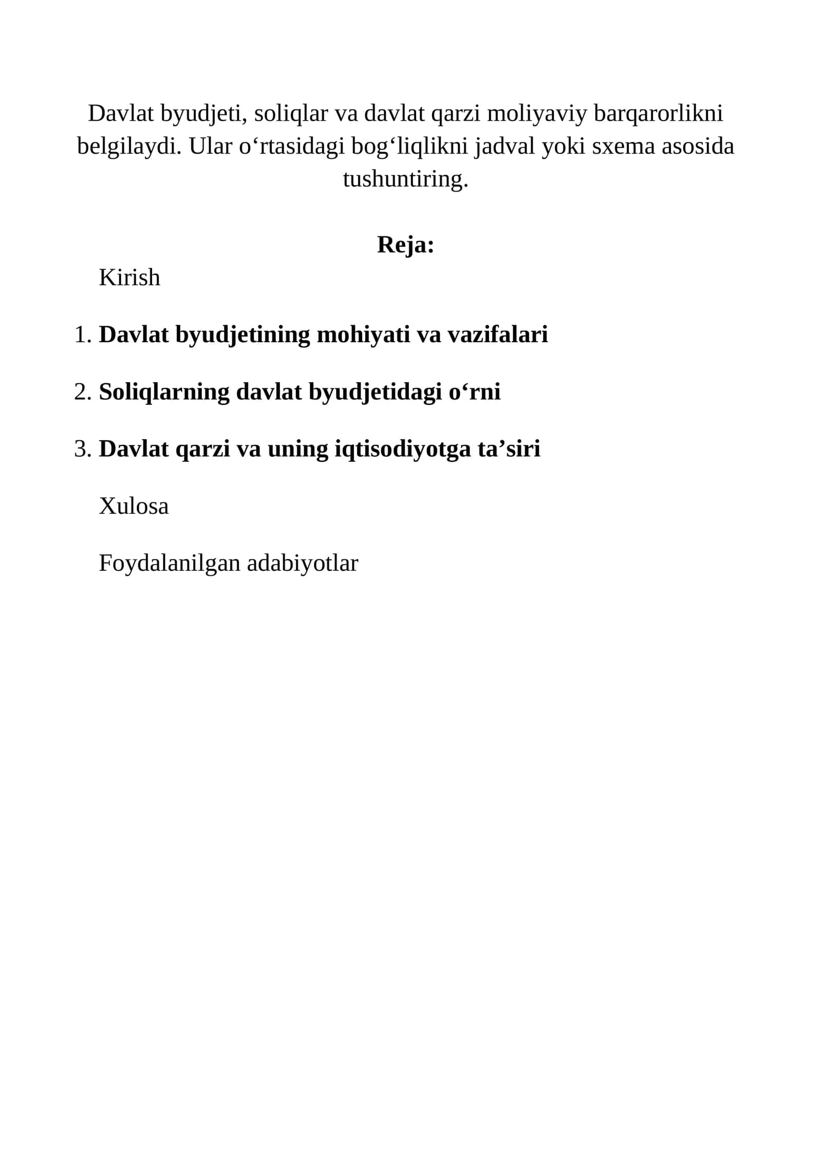 Davlat byudjeti, solinlari va davlat qarzi