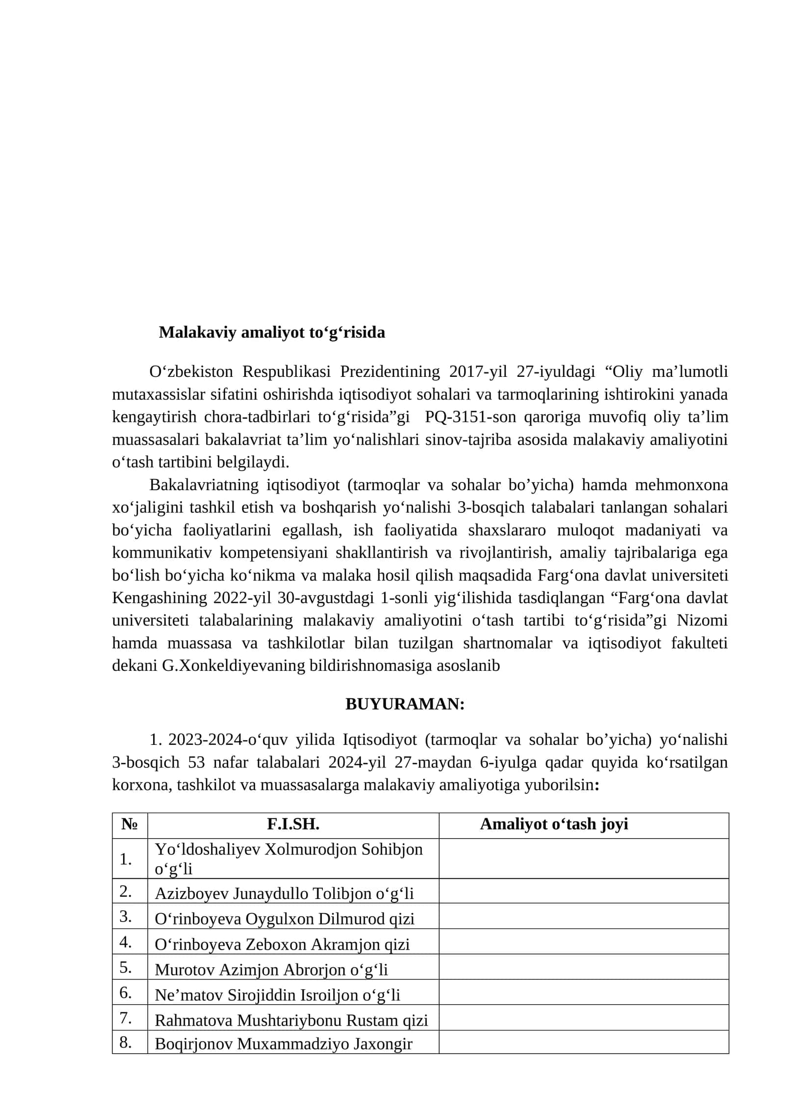 Malakaviy amaliyot to‘g‘risida