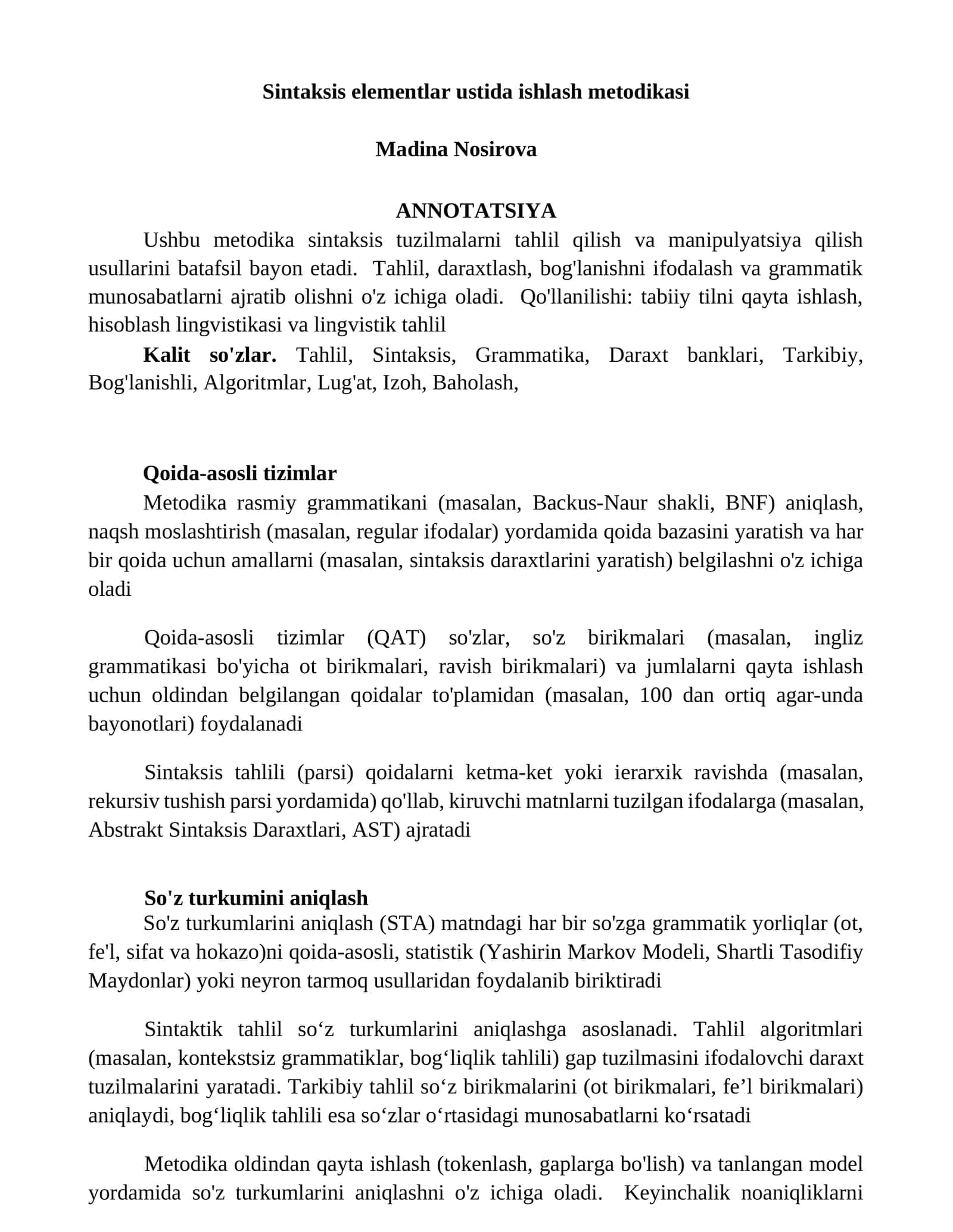 Sintaksis elementlar ustida ishlash metodikasi