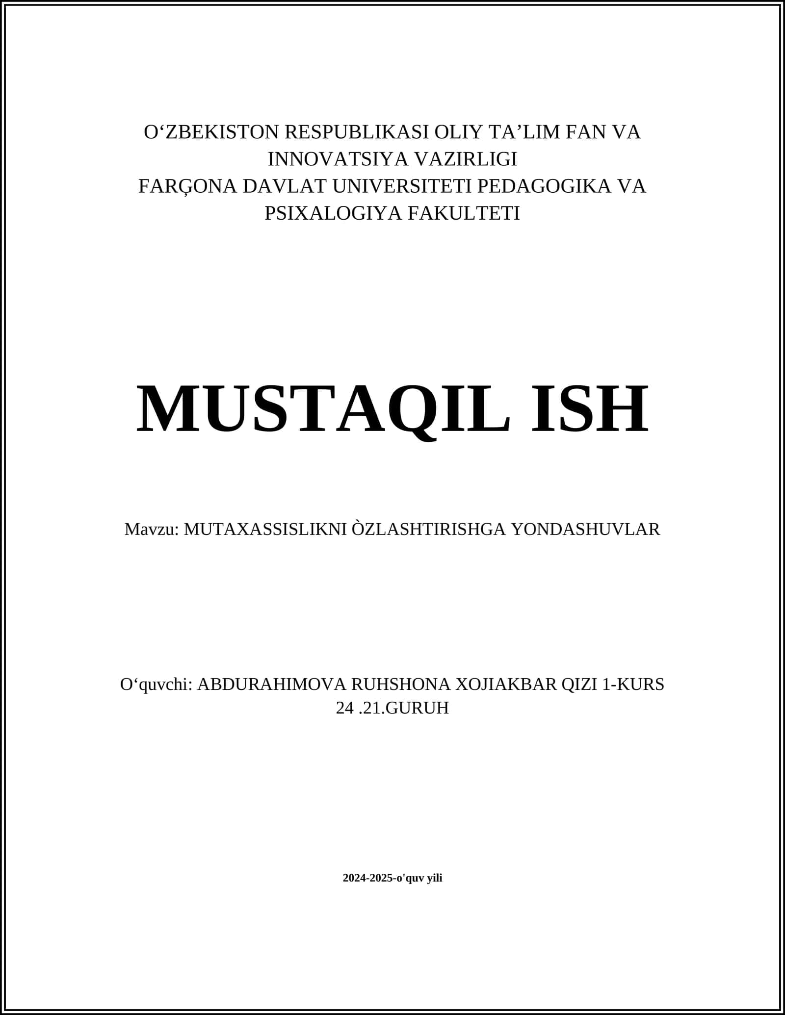 MUTAXASSISLIKNI ÒZLASHTIRISHGA YONDASHUVLAR