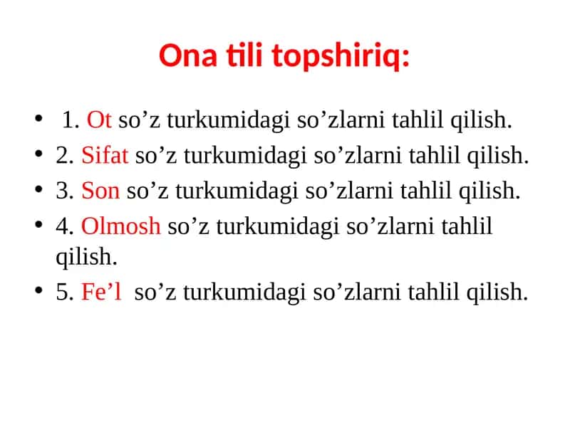 otso’z turkumi da so’zlar ni tahlil qilish