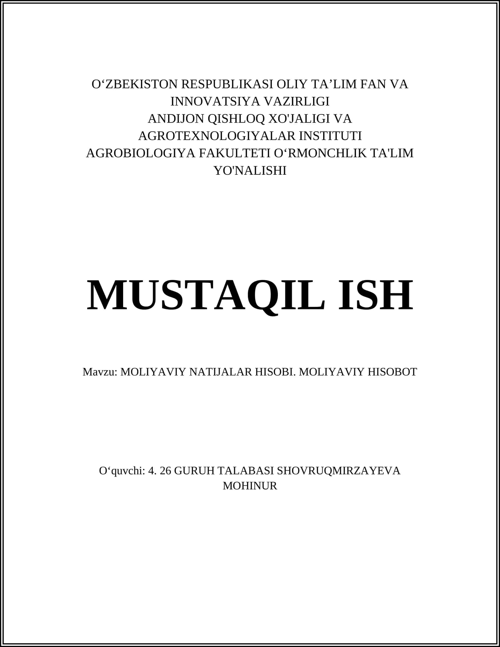 MOLIYAVIY NATIJALAR HISOBI. MOLIYAVIY HISOBOT