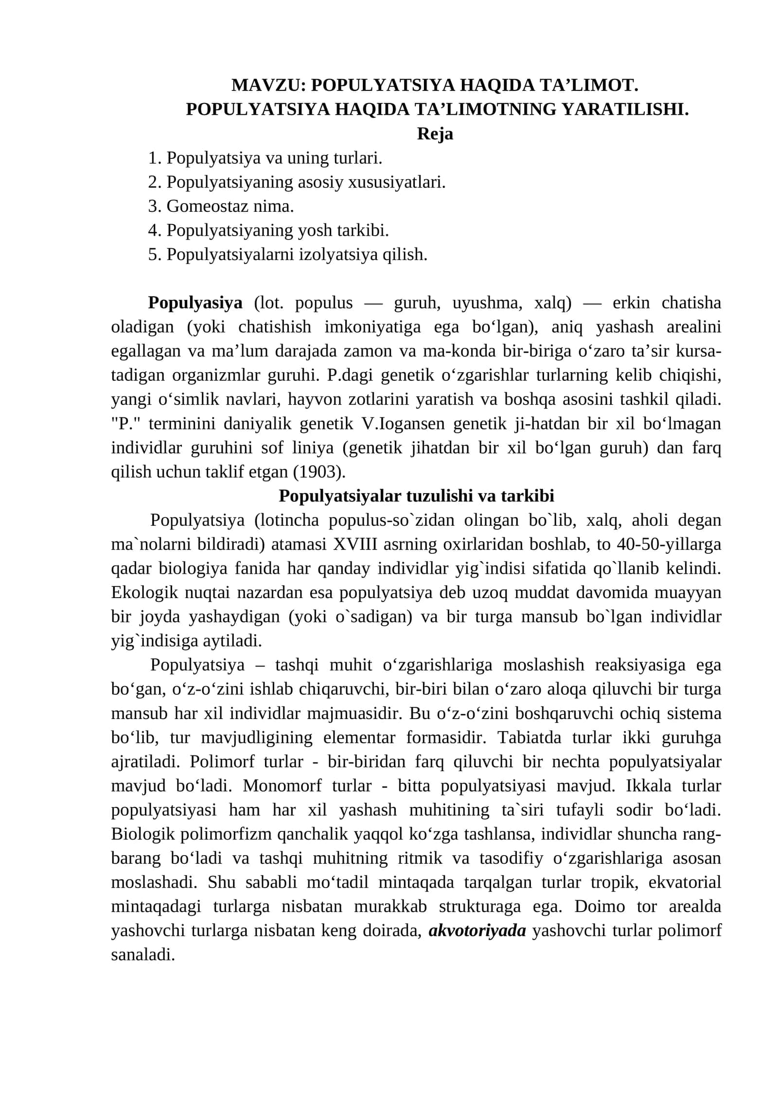 POPULYATSIYA HAQIDA TA’LIMOT