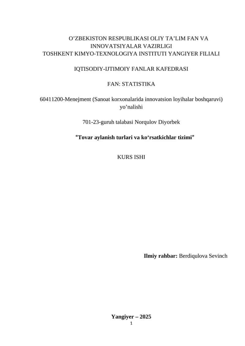 Menejment (Sanoat korxonalarida innovatsion loyihalar boshqaruvi) yo’nalishi
