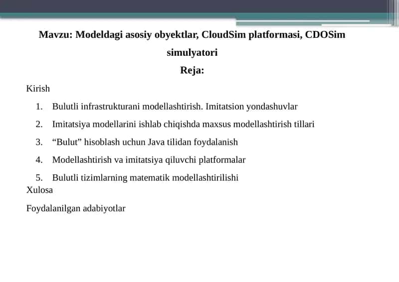 Modeldagi asosiy obyektlar