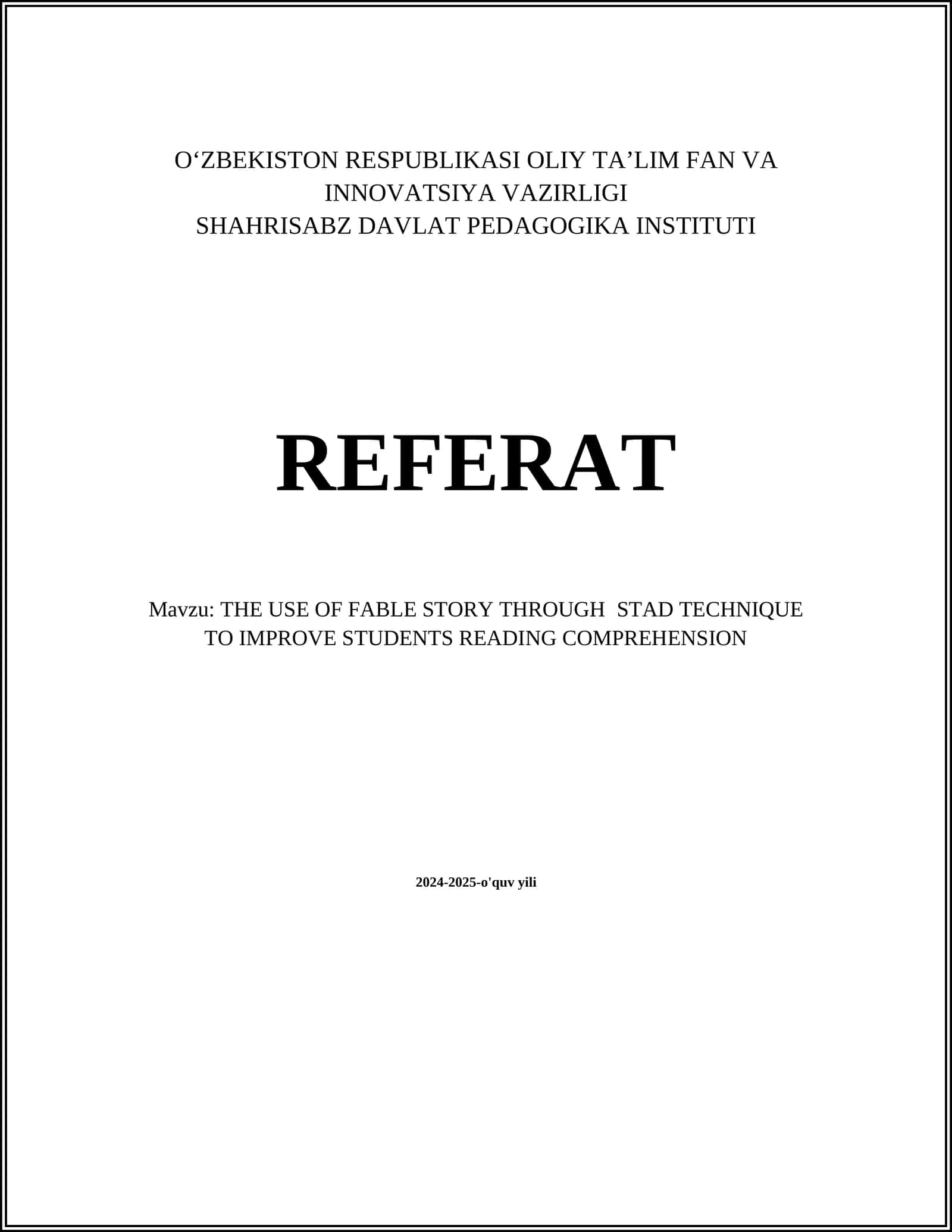 THE USE OF FABLE STORY THROUGH STAD TECHNIQUE TO IMPROVE STUDENTS READING COMPREHENSION