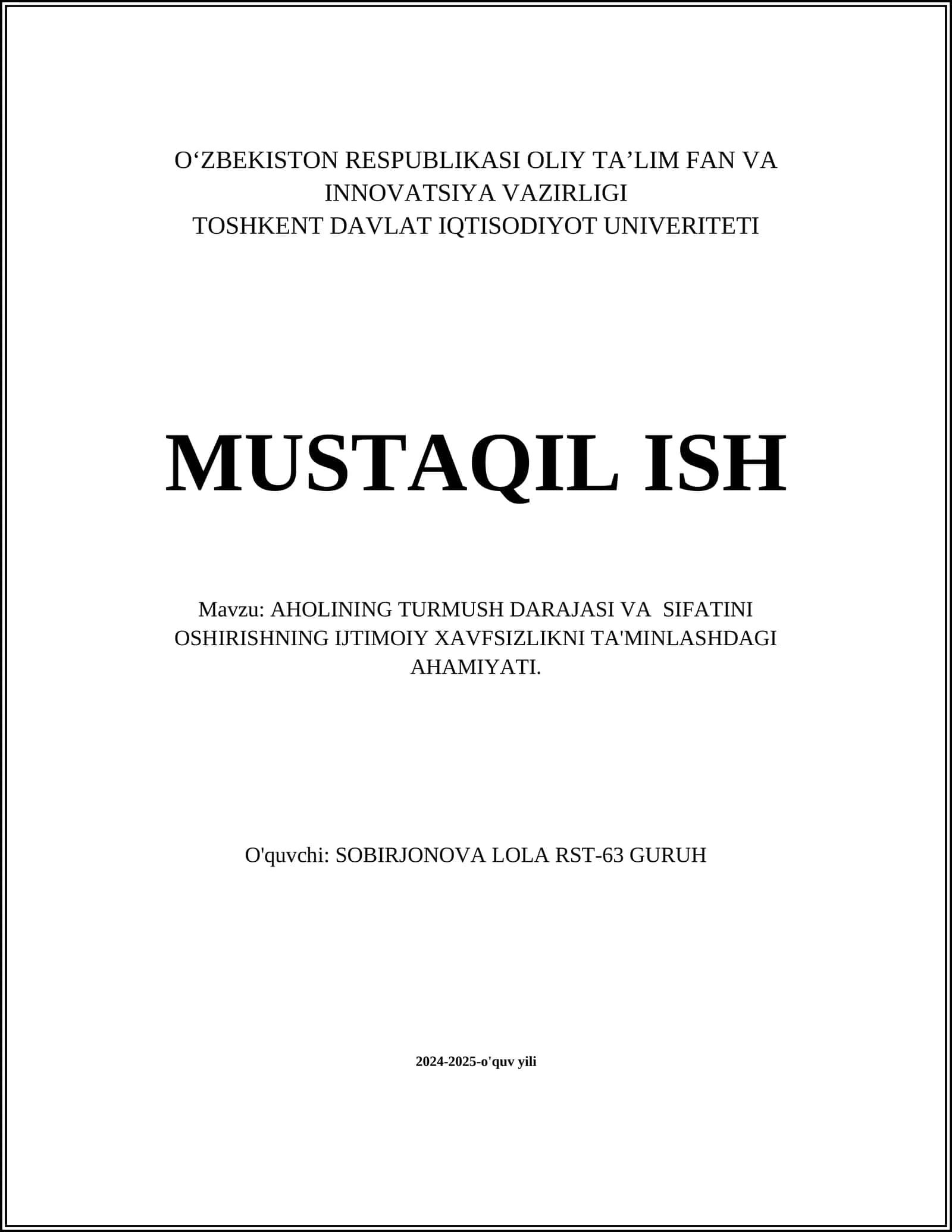 AHOLINING TURMUSH DARAJASI VA SIFATINI OSHIRISHNING IJTIMOIY XAVFSIZLIKNI TA'MINLASHDAGI AHAMIYATI