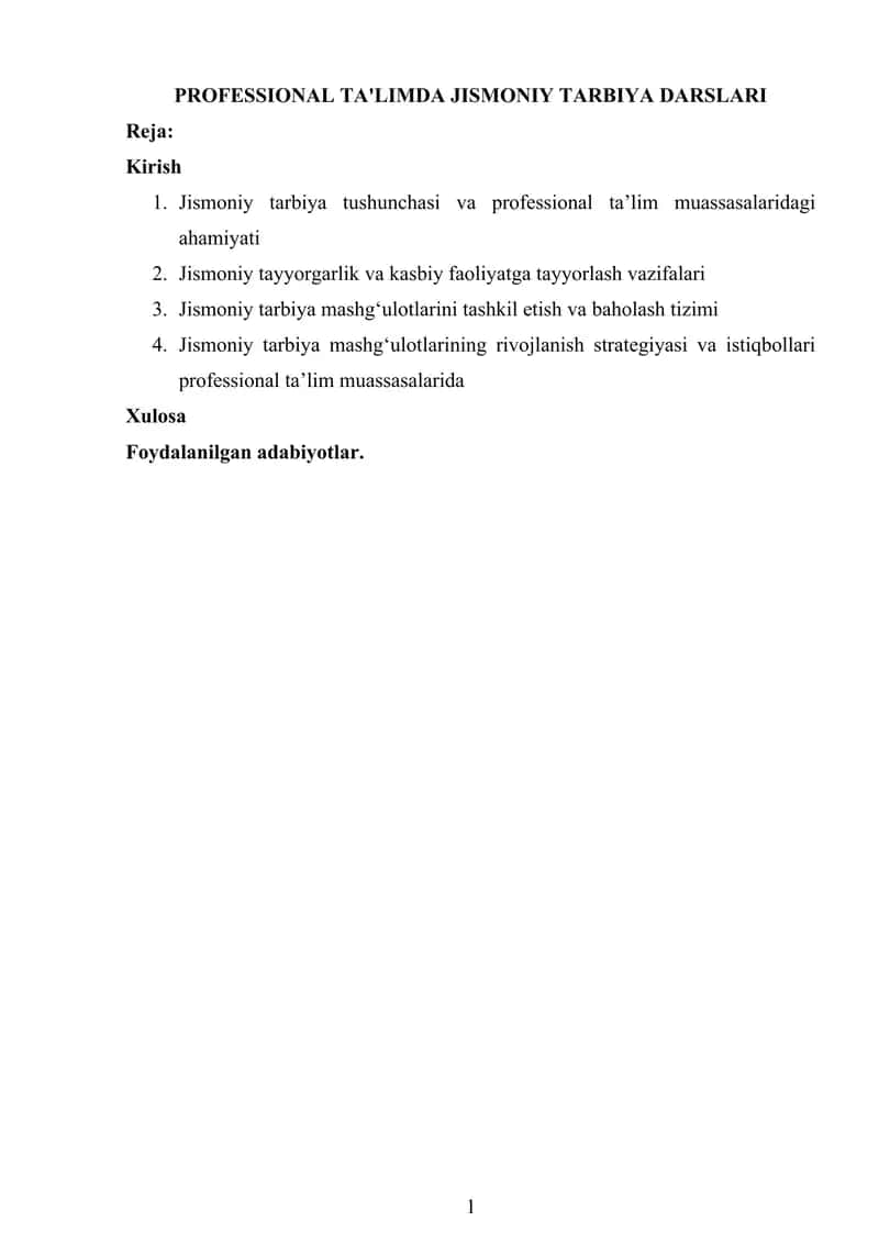 Professional ta'limda jismoniy tarbiya darslari