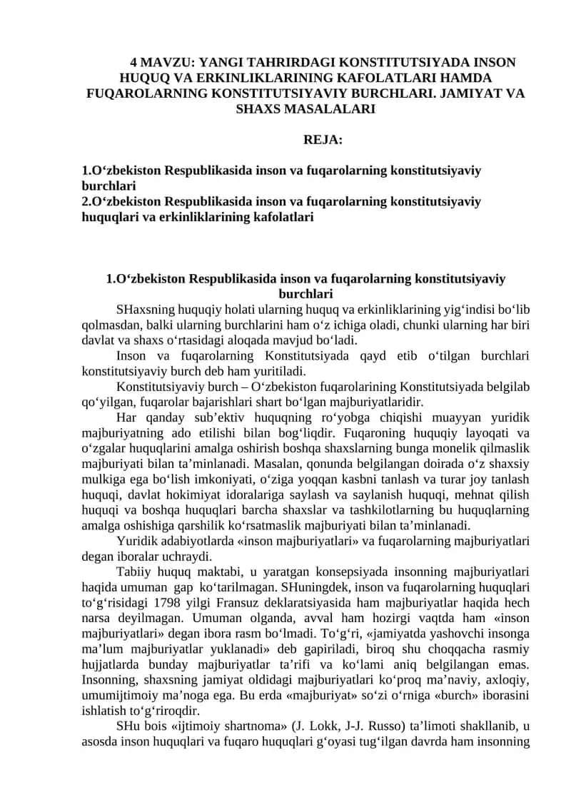 Inson va Fuqarolarning Konstitutsiyaviy Burchlari