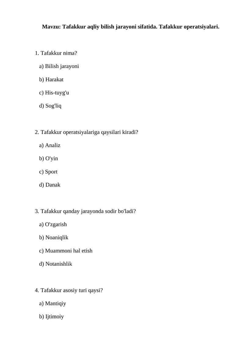 Tafakkur aqliy bilish jarayoni sifatida. Tafakkur operatsiyalari.