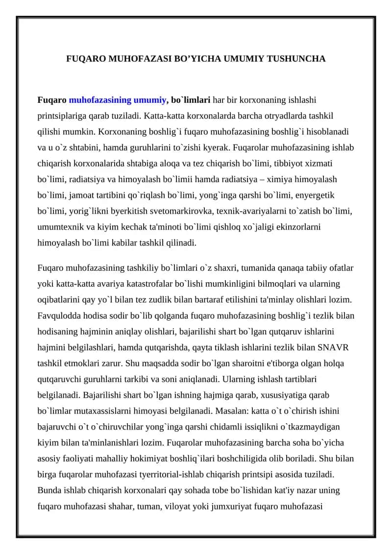 FUQARO MUHOFAZASI BO’YICHA UMUMIY TUSHUNCHA