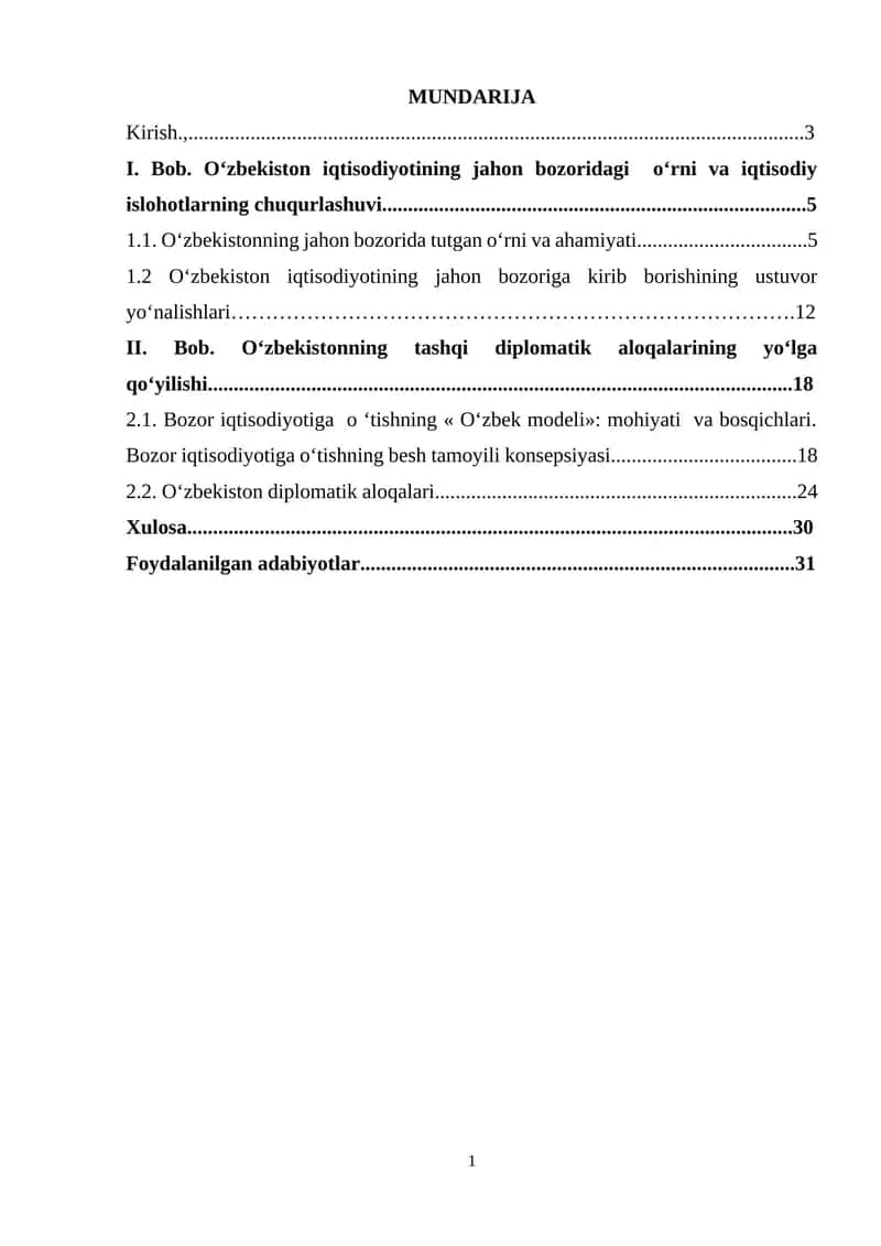 Oʻzbekiston iqtisodiyotining jahon bozoridagi oʻrni va iqtisodiy islohotlarning chuqurlashuvi