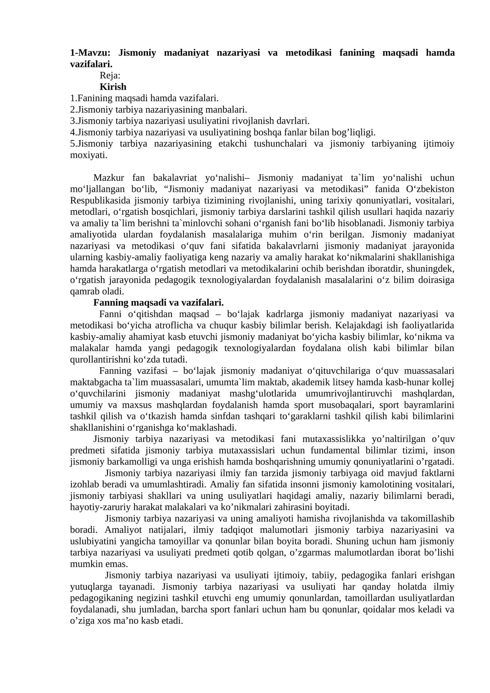 Jismoniy madaniyat nazariyasi va metodikasi fanining maqsadi hamda vazifalari