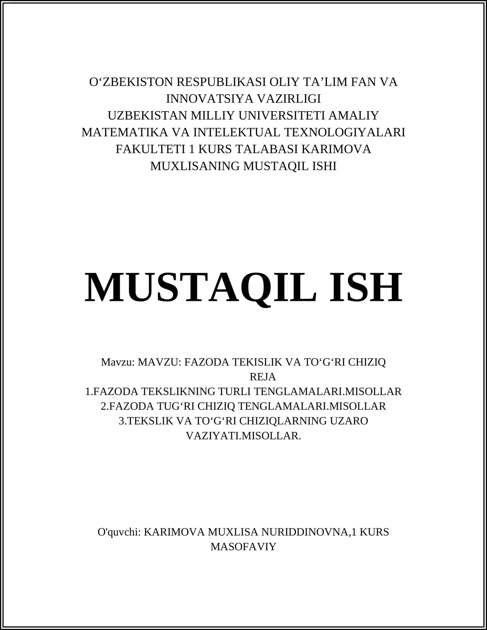 Fazoda tekislikning umumiy tenglamasi