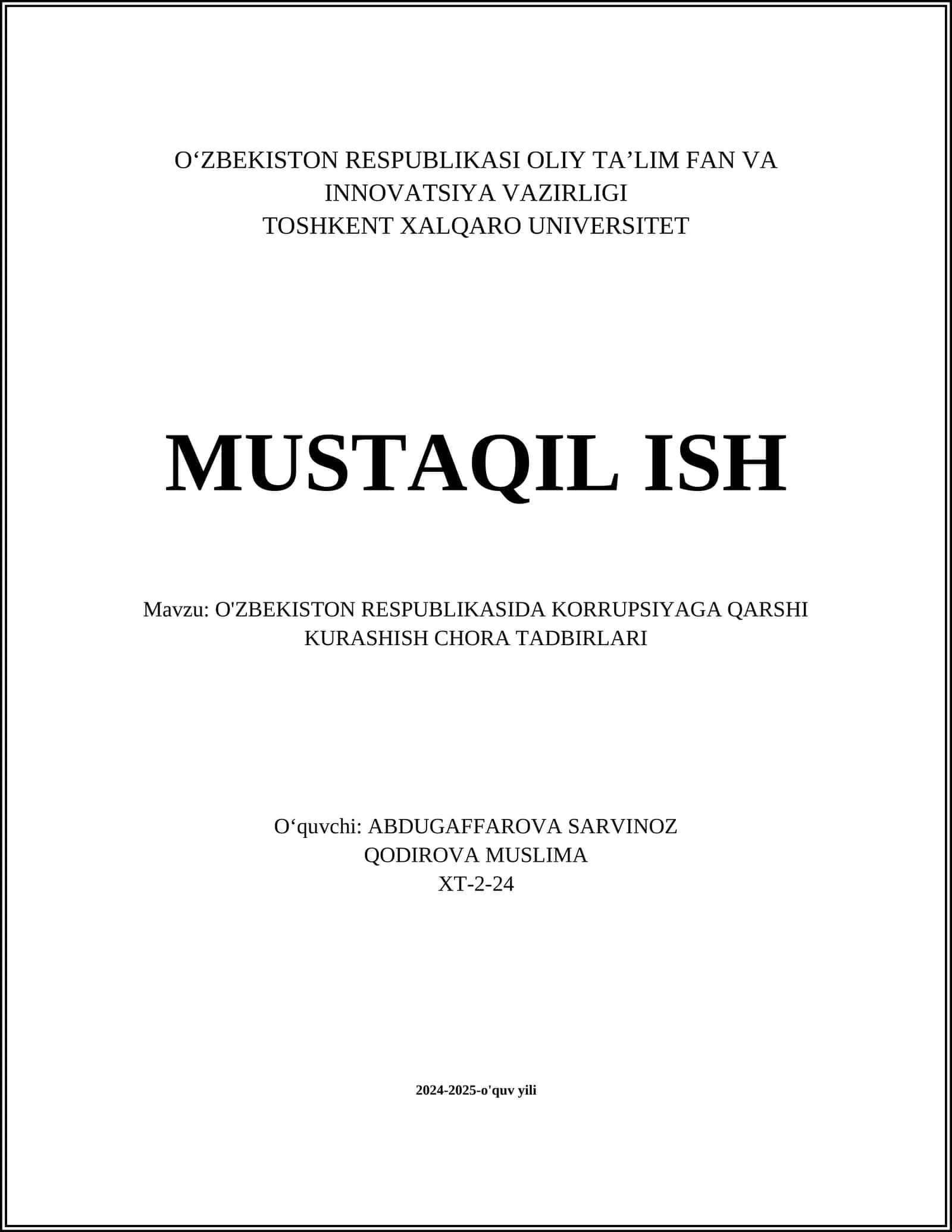 O‘ZBEKISTON RESPUBLIKASIDA KORRUPSIYAGA QARSHI KURASHISH CHORA TADBIRLARI