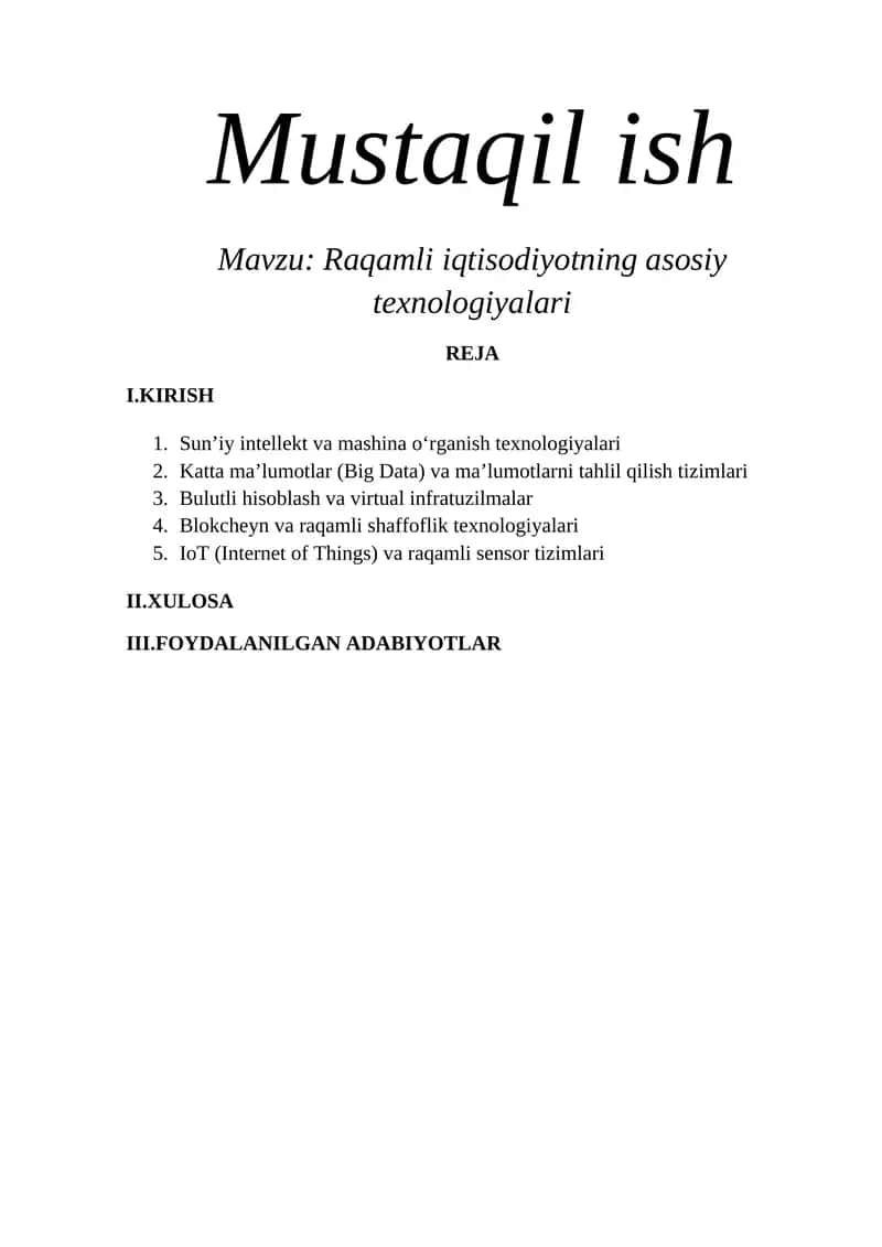 Raqamli iqtisodiyotning asosiy texnologiyalari