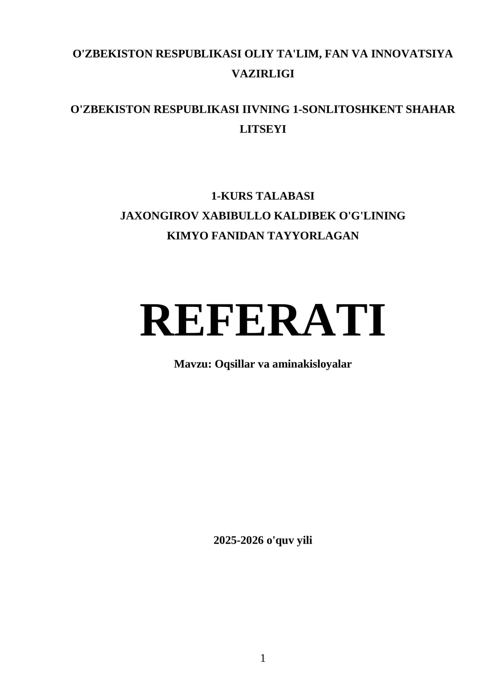 Oqsillar va aminakisloyalar REFERATI