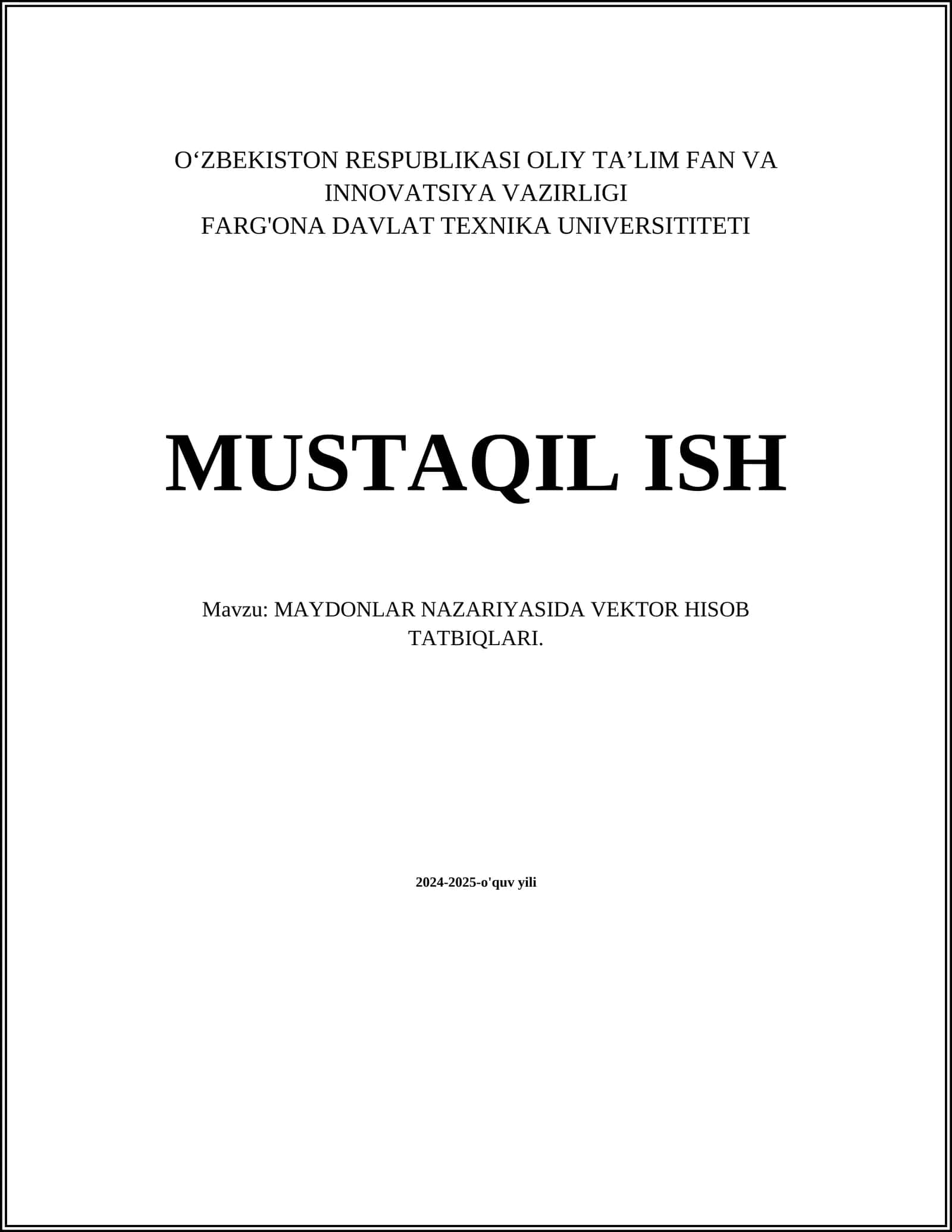 MAYDONLAR NAZARIYASIDA VEKTOR HISOB TATBILARI