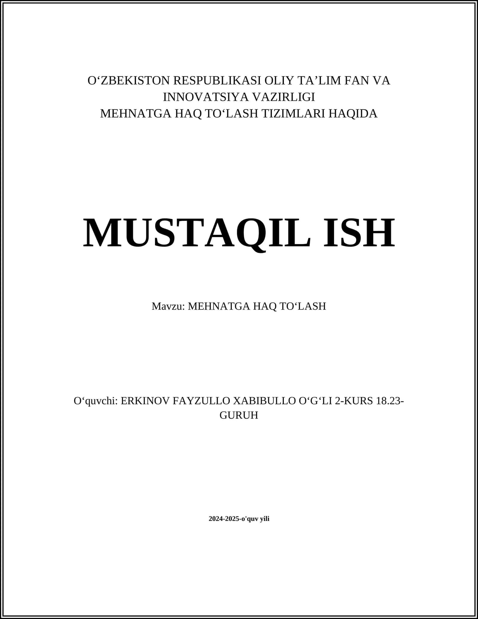 MEHNATGA HAQ TOʻLASH