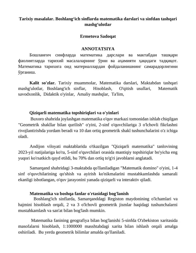 Qiziqarli matematika topshiriqlari va o'yinlari