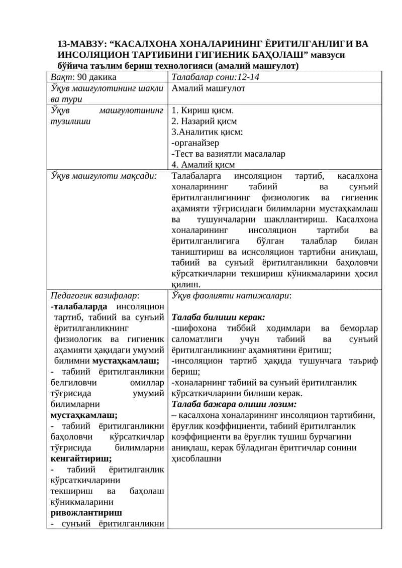 “Касалхона Хоналарининг Ёритилганлиги ва Инсоляцион Тартибини Гигиеник Баҳолаш”