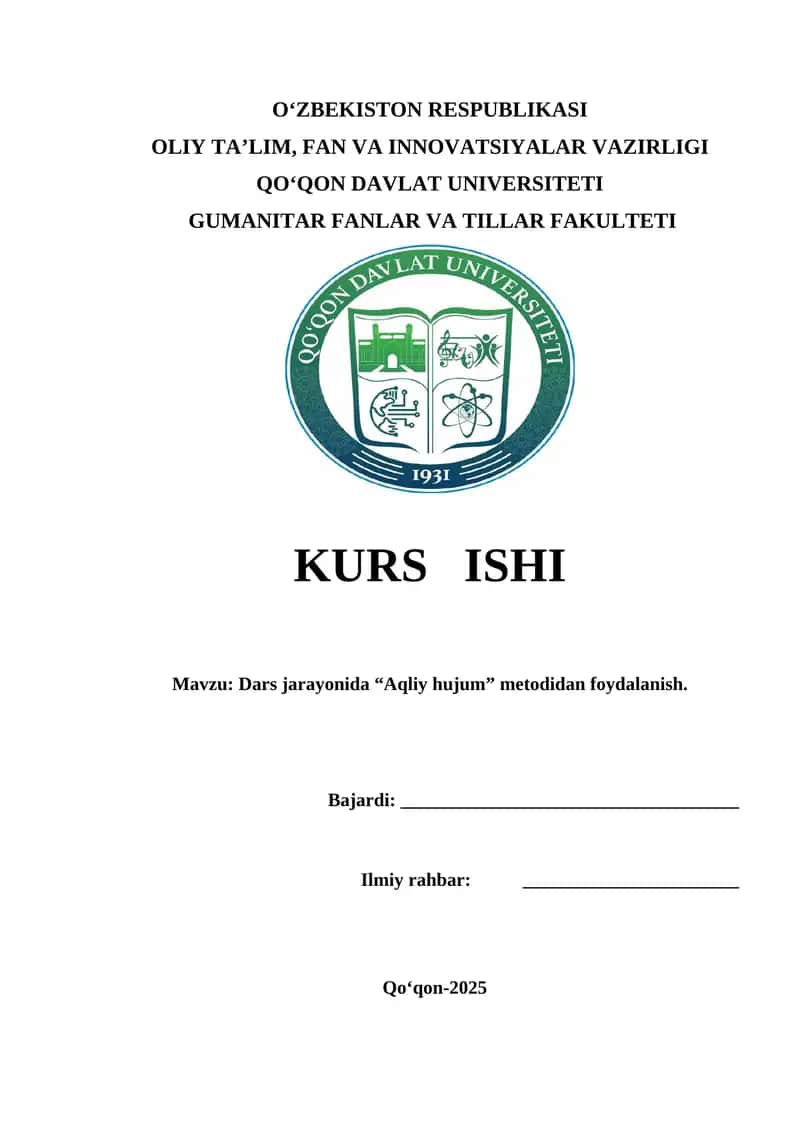 Dars jarayonida “Aqliy hujum” metodidan foydalanish.