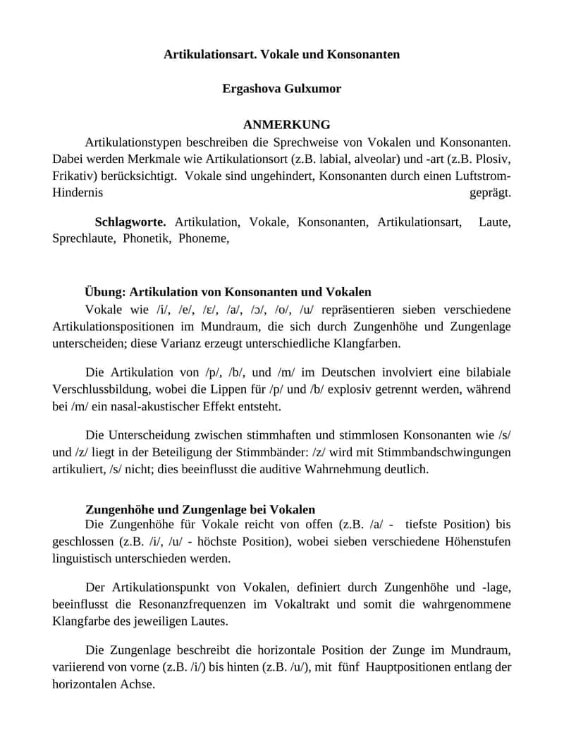 Artikulationsart. Vokale und Konsonanten