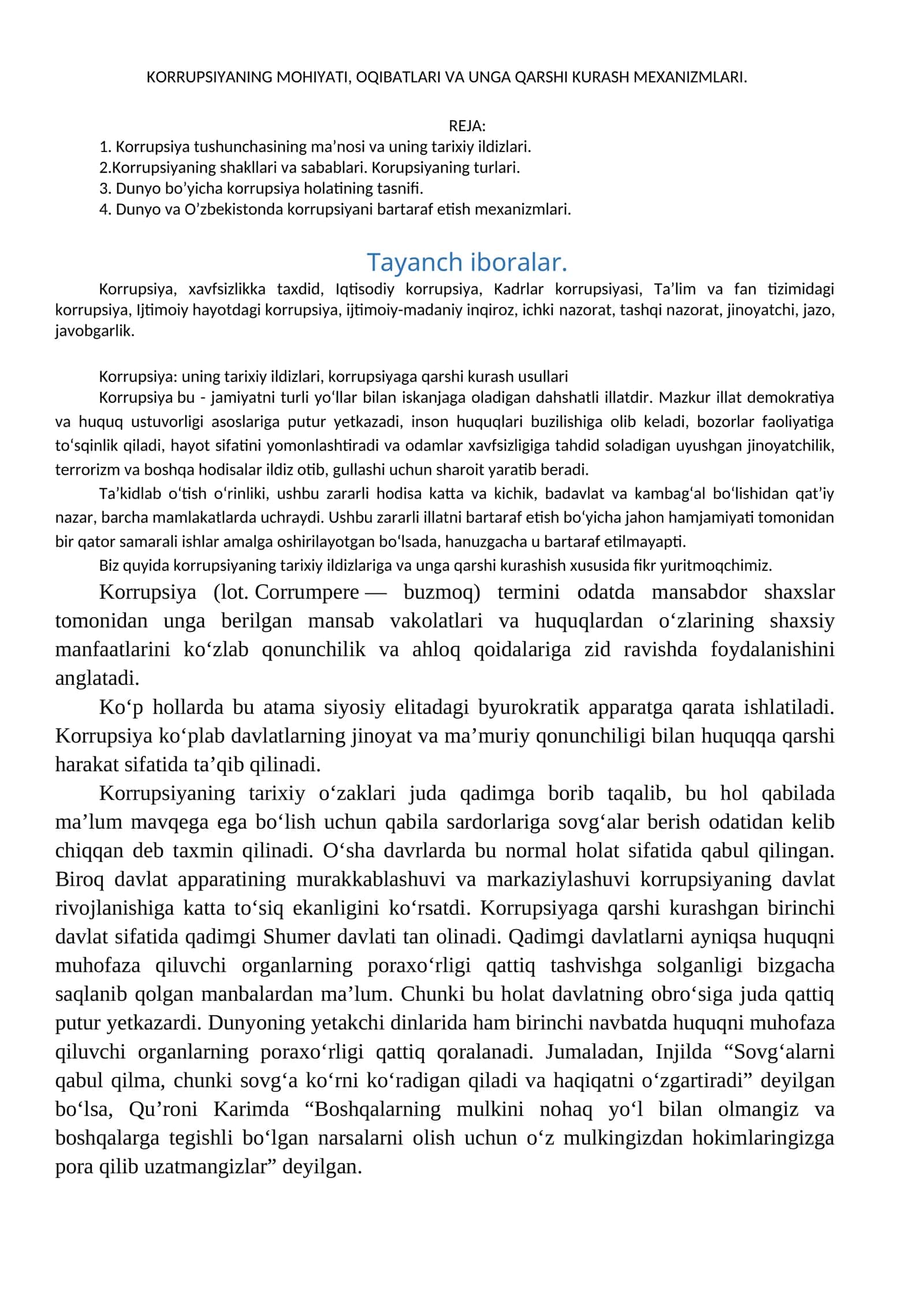 Korrupsiyaning mohiyati, oqibatlari va unga qarshi kurash mexanizmlari