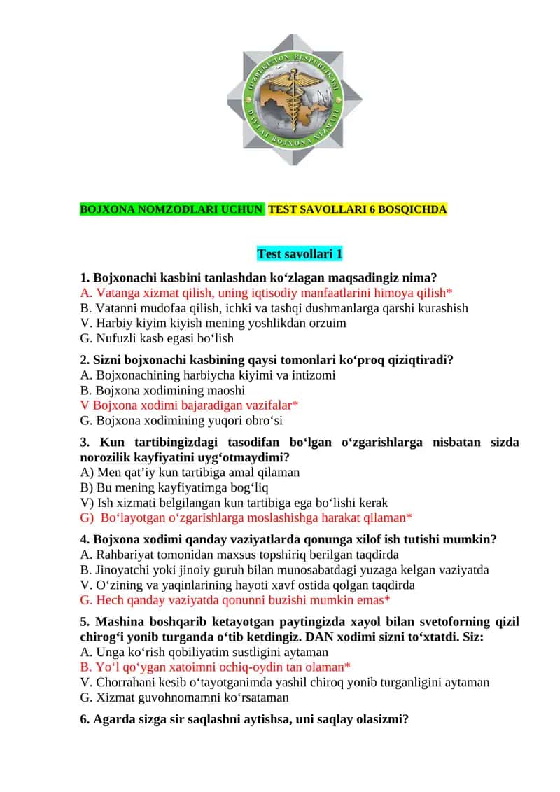 BOJXONAGA ISHGA KIRISH UCHUN PSIXOLOGIK TEST SAVOL VA JAVOBLARI 6 BOSQICHDA