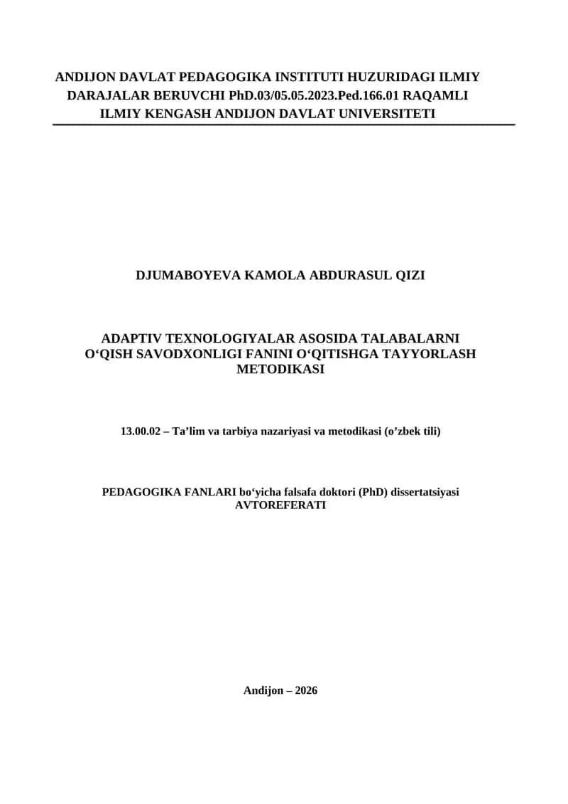 Adaptiv texnologiyalar asosida talabalarni o‘qish savodxonligi fanini o‘qitishga tayyorlash metodikasi