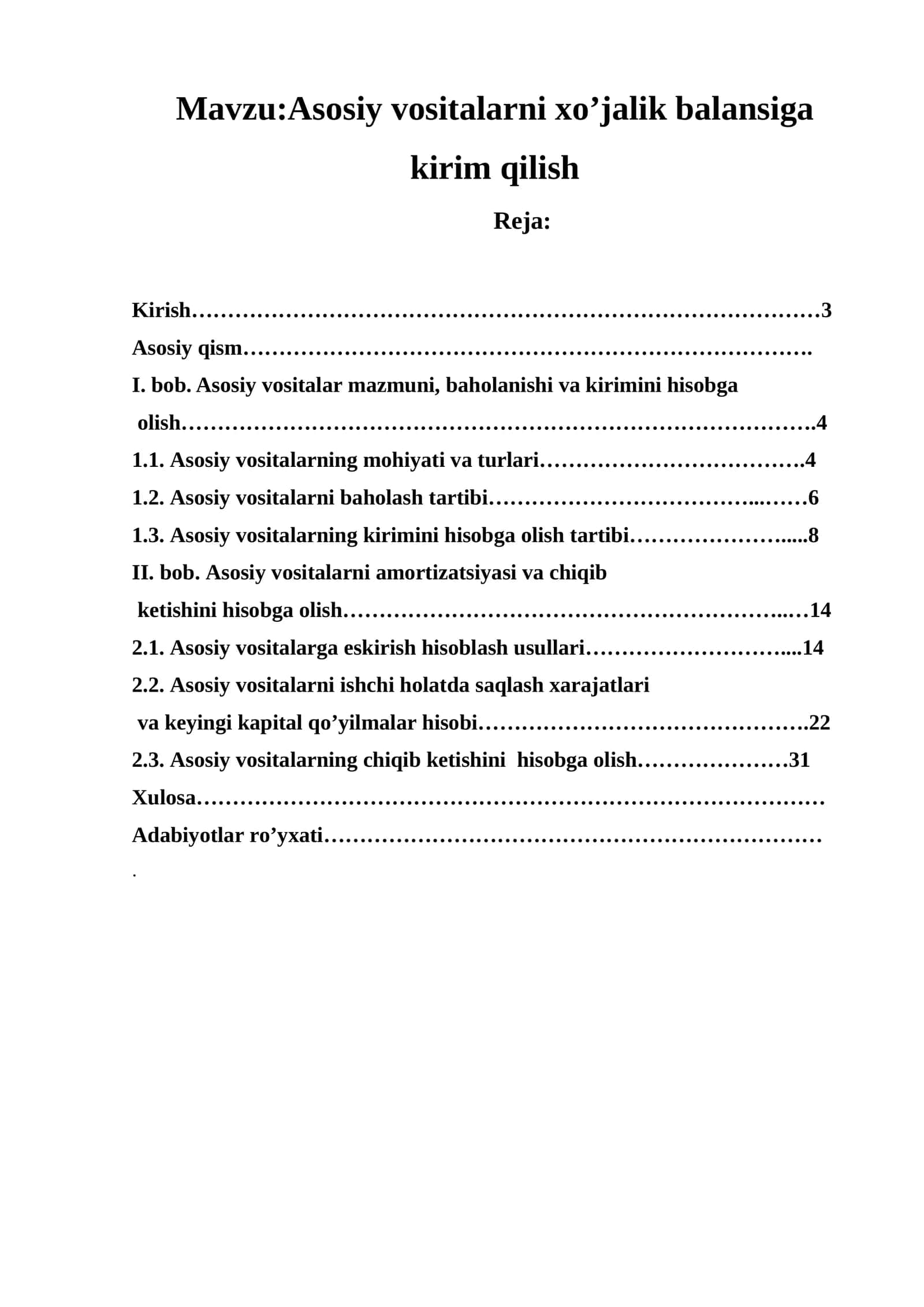 Asosiy vositalarni xo’jalik balansiga