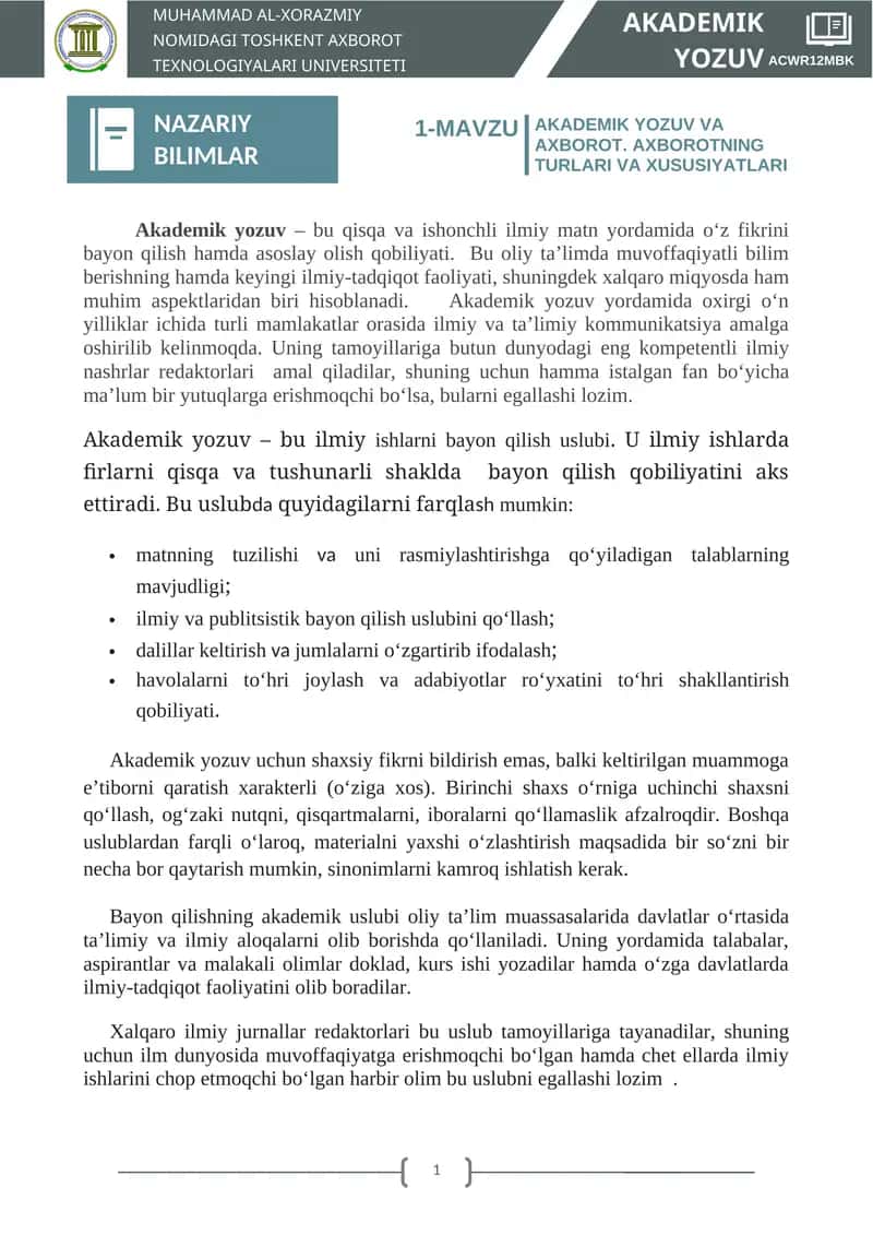 AKADEMIK YOZUV VA AXBOROT. AXBOROTNING TURLARI VA XUSUSIYATLARI