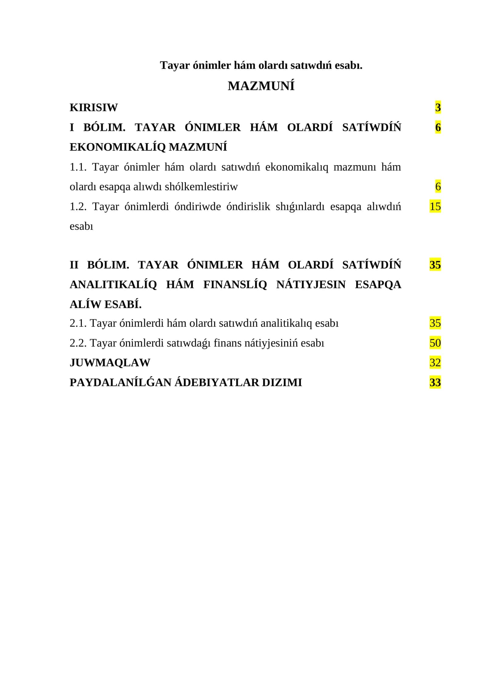 Tayar Ónimler Hám Olardı Satıwdıń Ekonomikalıq Mazmuni