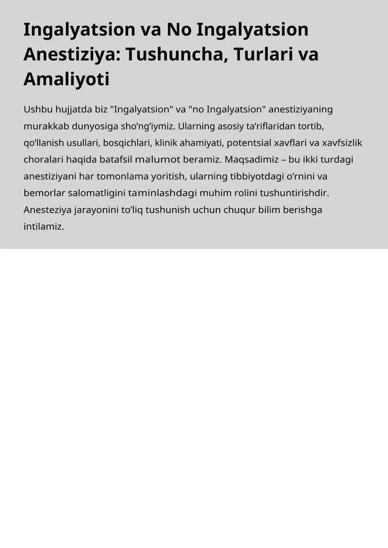 Ingalyatsion va No Ingalyatsion Anestiziya: Tushuncha, Turlari va Amaliyoti