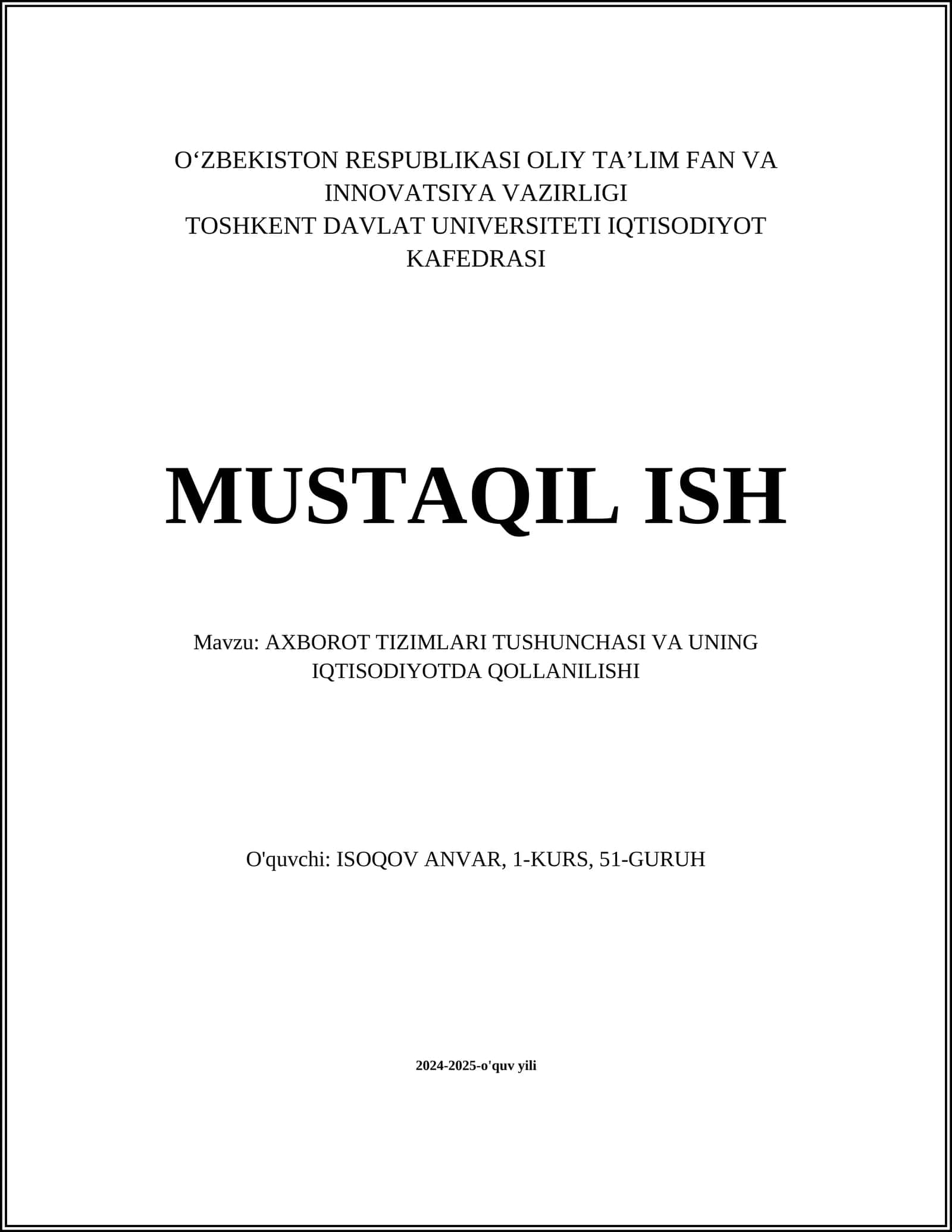 Axborot Tizimlari Tushunchasi va Uning Iqtisodiyotda Qollanilishi
